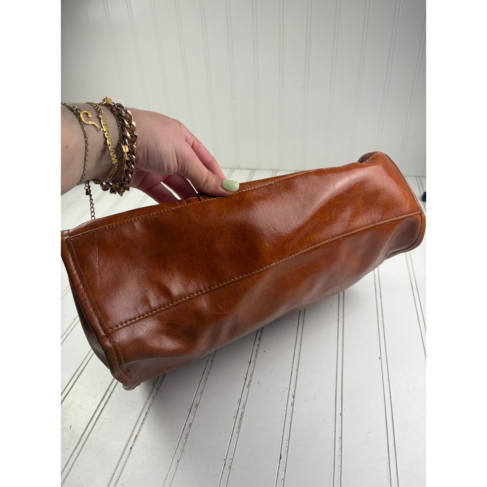 Vintage Y2K Cognac Brown Leather Multi-Pocket Shoulder Bag Satchel Purse - Picture 4 of 12